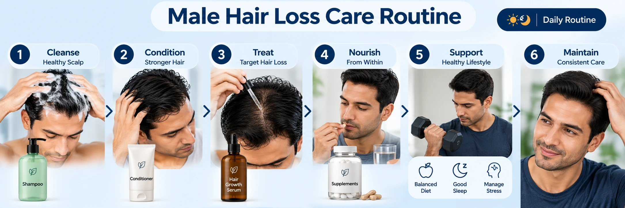 Male hair loss care routine showing scalp cleansing, conditioning, targeted treatment, nutrition, healthy lifestyle and consistent care.