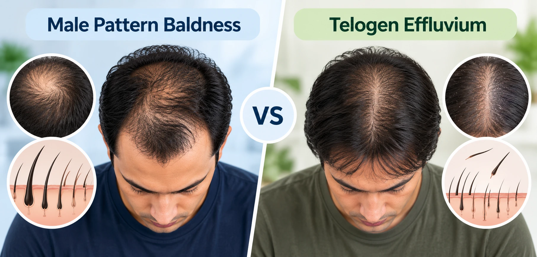 Male pattern baldness vs telogen effluvium comparison showing patterned hair thinning and diffuse hair shedding.