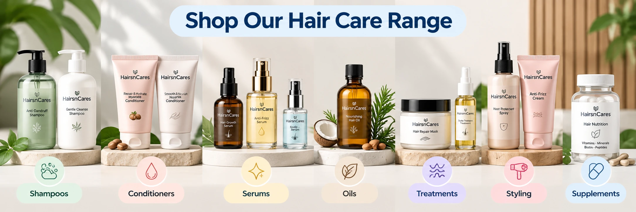 Hair care product range featuring shampoos, conditioners, serums, hair oils, treatments, styling products and supplements.