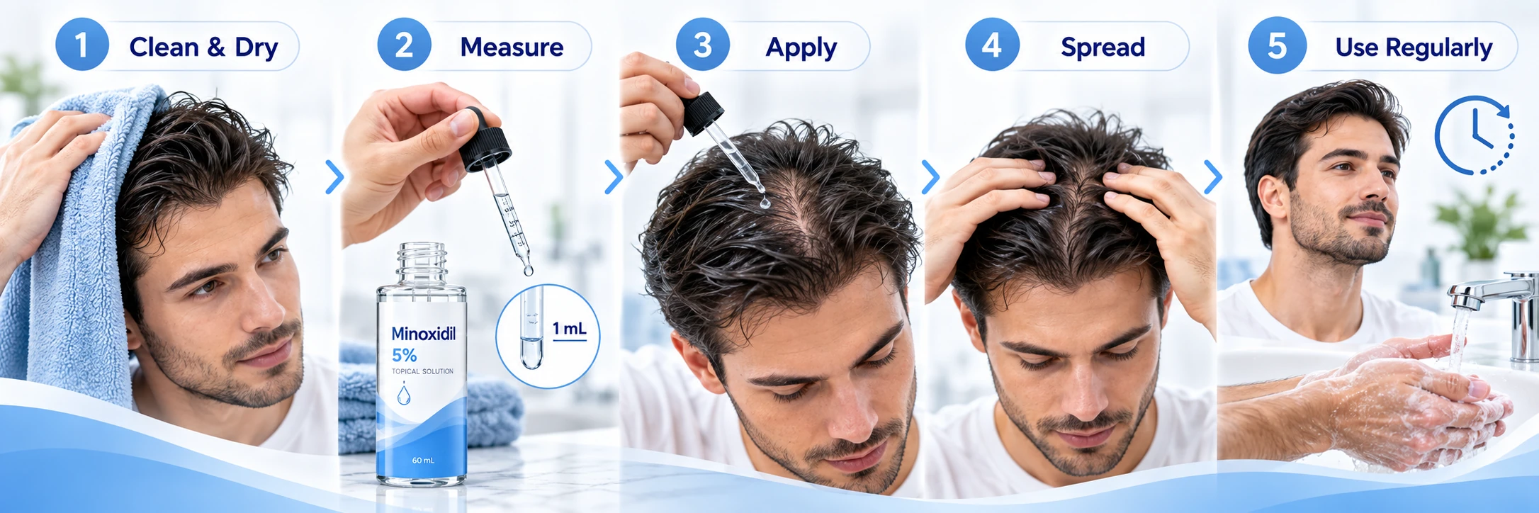 Minoxidil product range flat-lay with 5%, 10%, foam and serum