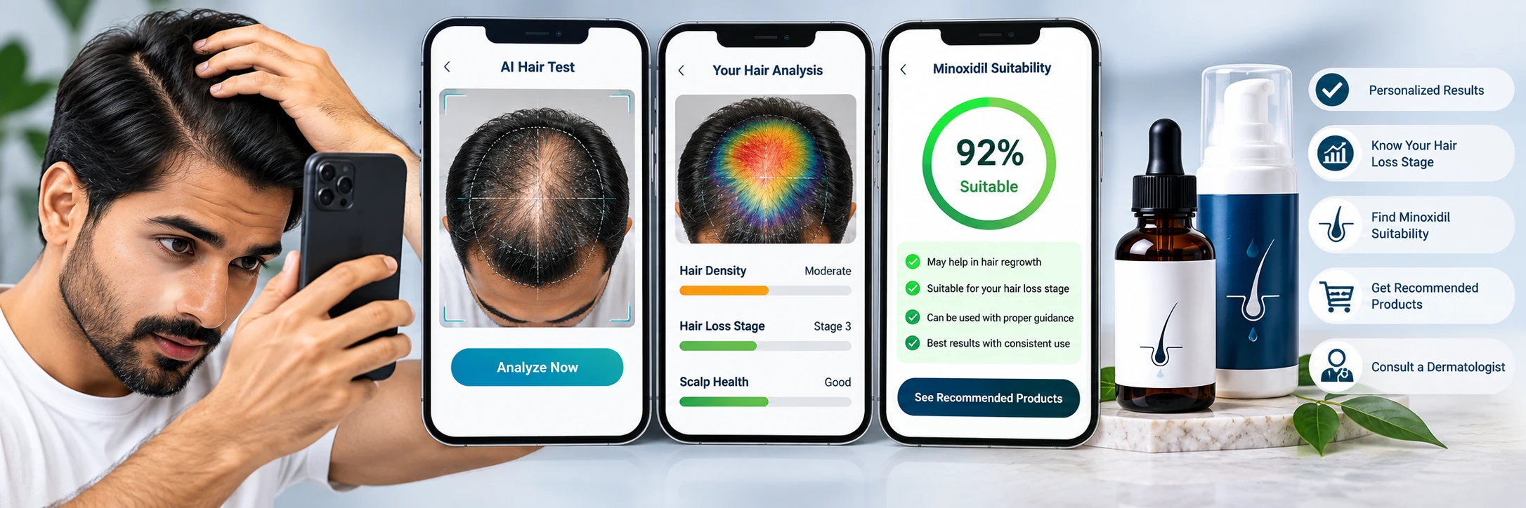 AI hair test app screen showing scalp analysis, hair loss stage and minoxidil suitability assessment