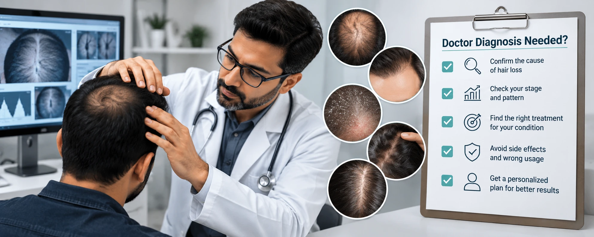 Dermatologist examining hair loss with checklist for diagnosis, pattern assessment, treatment choice, and personalized care