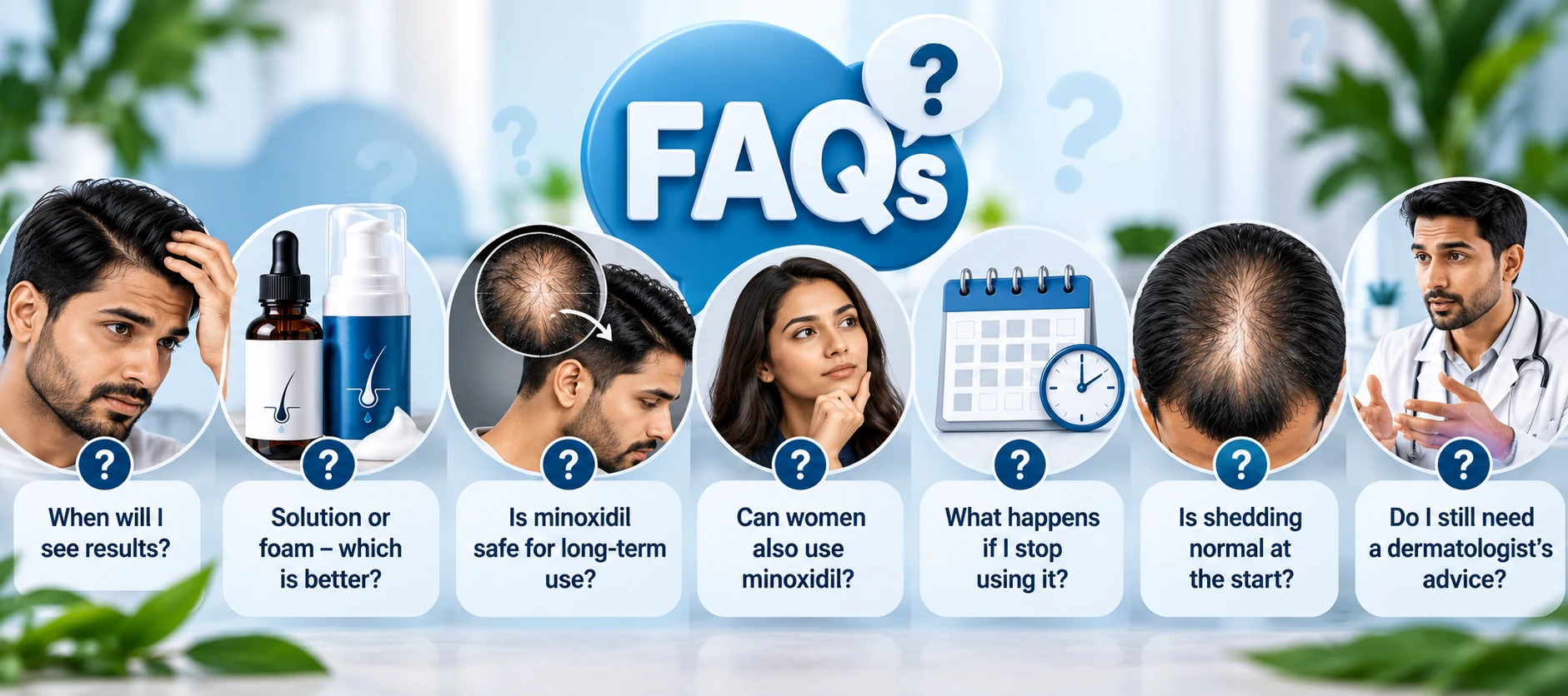 Minoxidil FAQ banner covering results, foam vs solution, long-term use, women, shedding, stopping treatment and dermatologist advice