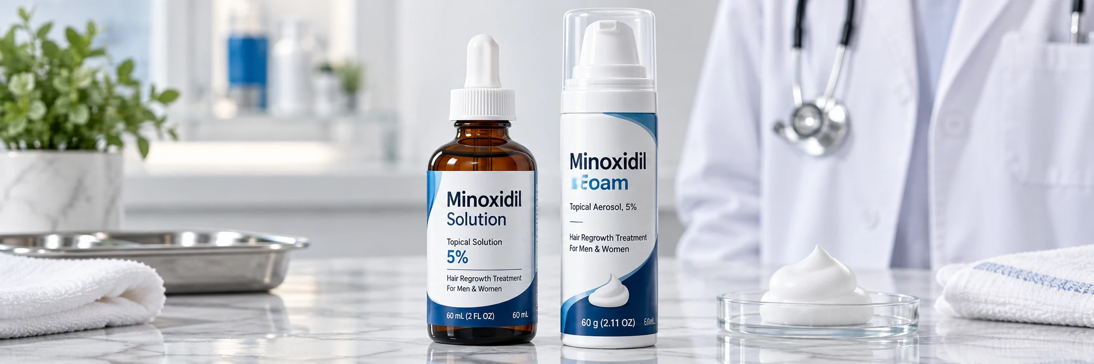 Minoxidil solution bottle beside minoxidil foam can for doctor-reviewed hair regrowth treatment comparison
