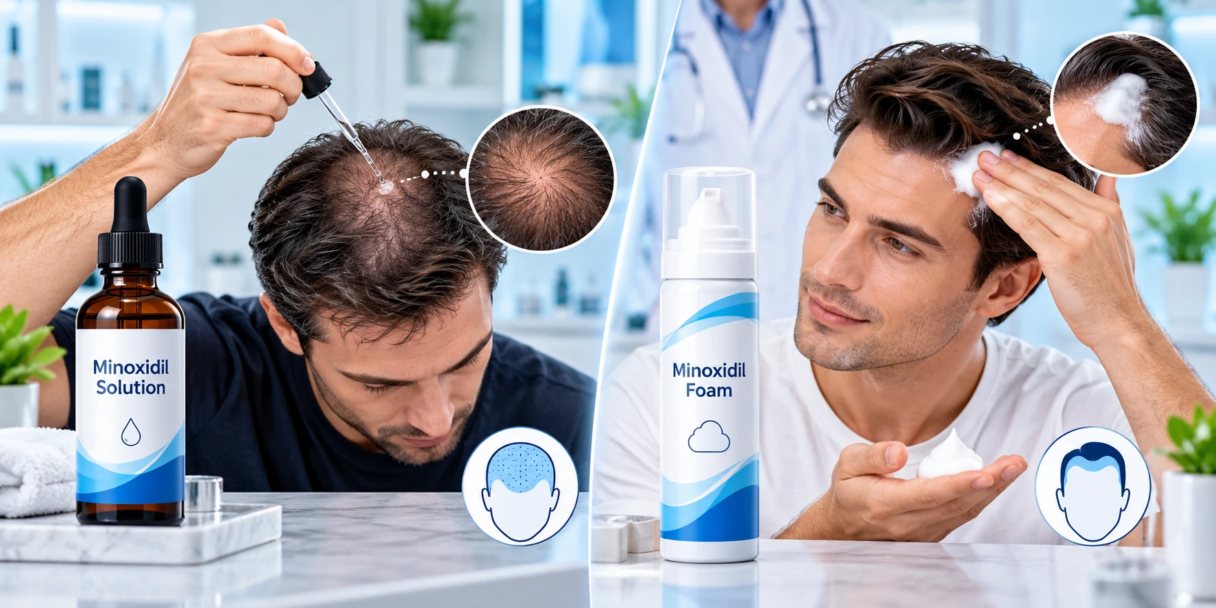 Visual comparison showing who minoxidil solution and minoxidil foam may suit based on application area and usage style