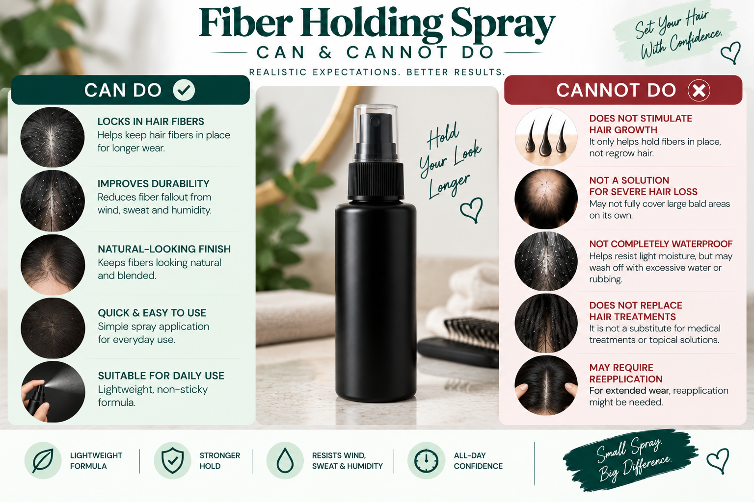 Fiber holding spray can and cannot do for hair fiber hold, coverage, and styling.