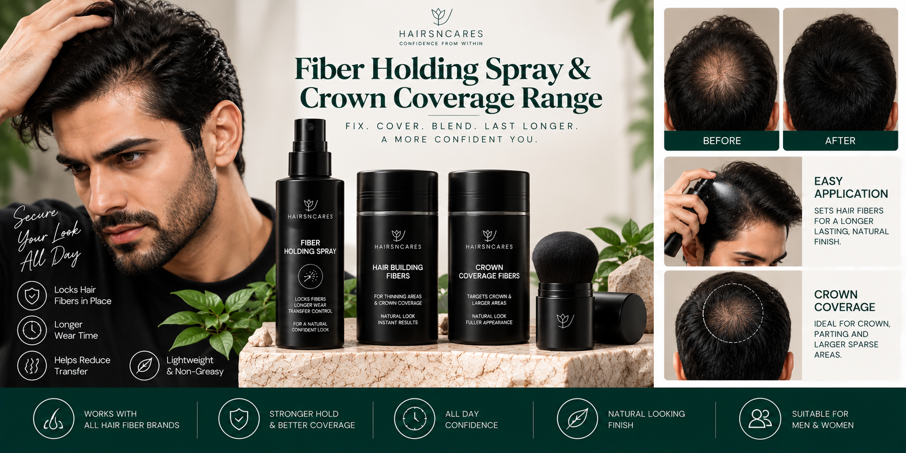 Fiber Holding Spray and crown coverage range for securing hair fibers and providing temporary cosmetic coverage for thinning crown areas.