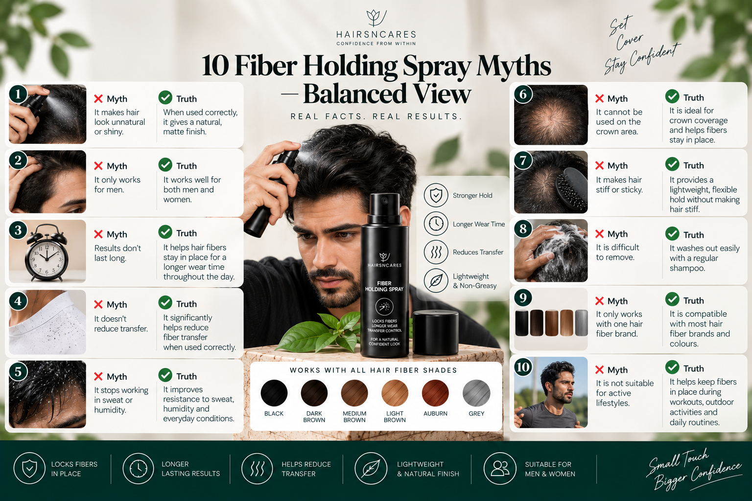 10 Fiber Holding Spray myths and facts covering hair fiber hold, transfer, wear time, application, removal, and everyday use.