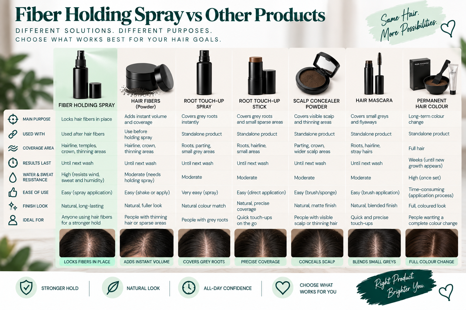 Fiber holding spray vs other hair products for hair fiber hold, coverage, styling, and longevity.