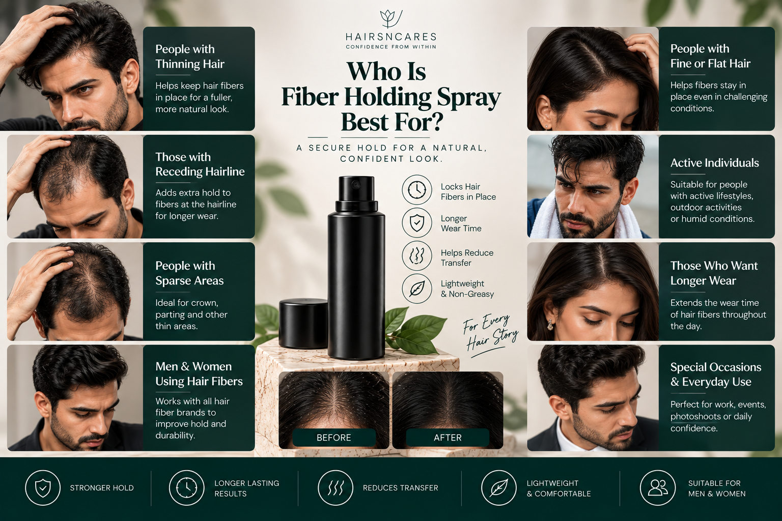Fiber Holding Spray suitability guide for thinning hair, sparse areas, receding hairlines, fine hair, and longer-lasting hair fiber wear.