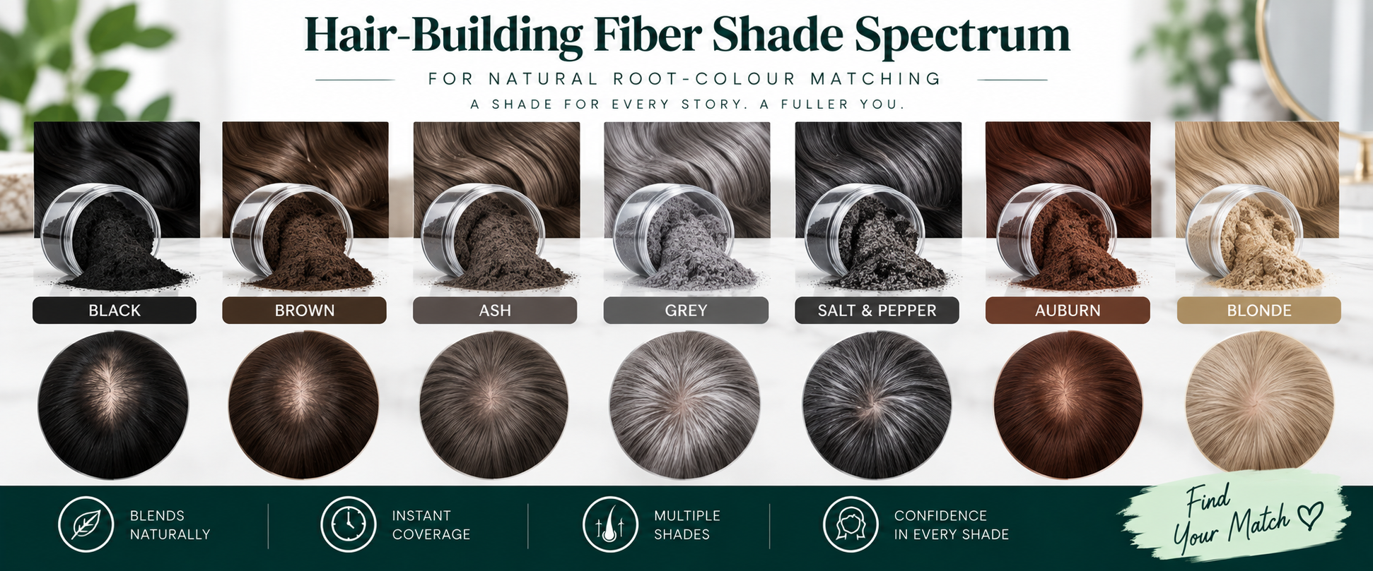 Hair-building fiber shade spectrum showing black, brown, ash, grey, salt-and-pepper, auburn, and blonde shades for root-colour matching.