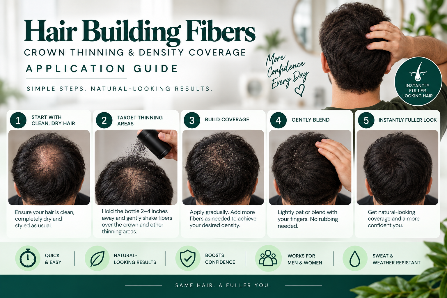 Hair building fibers crown thinning and density coverage application guide for Hairsncares.