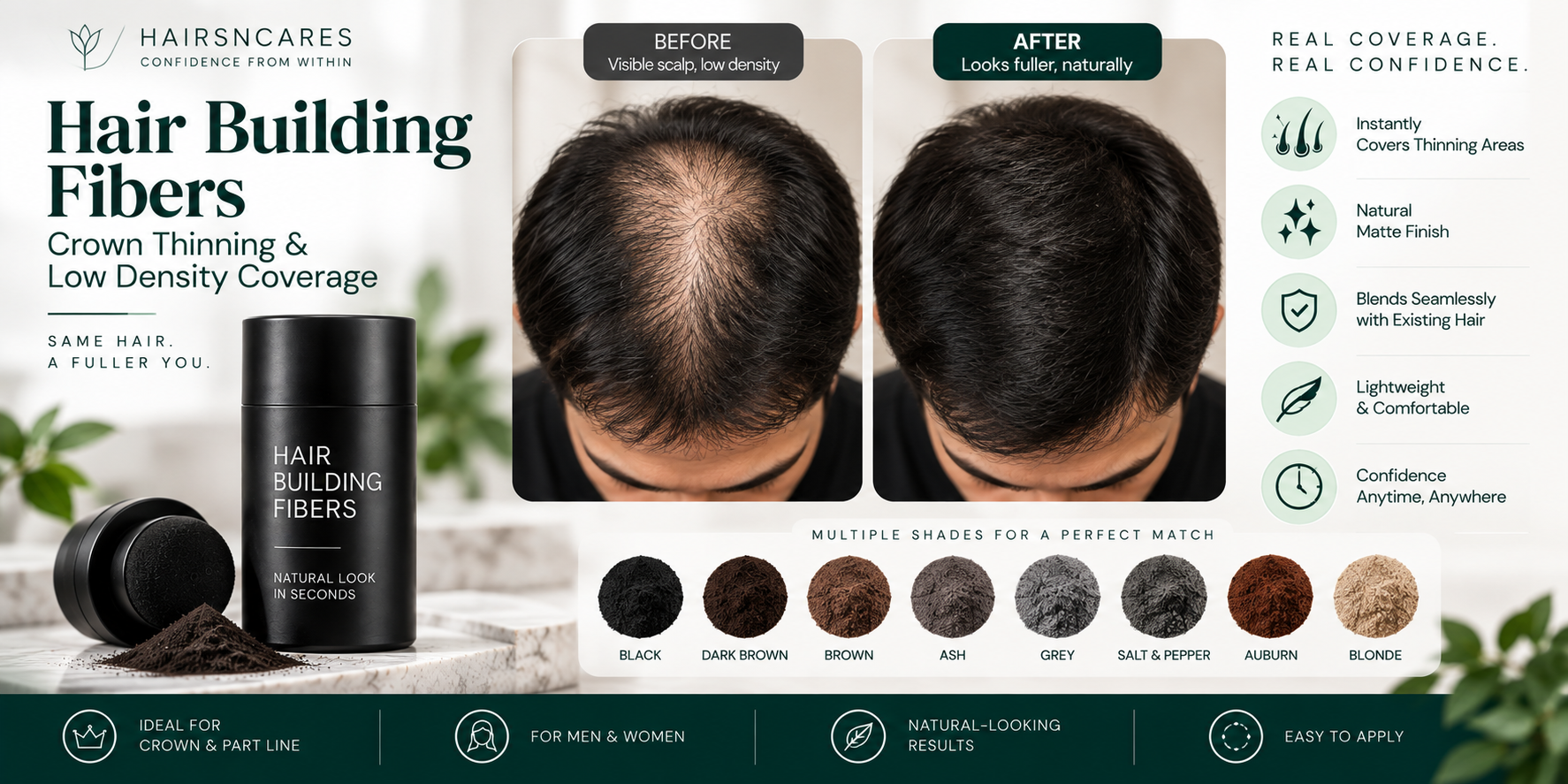 Hair Building Fibers comparison for crown thinning and low-density hair, showing before-and-after coverage and available shades.
