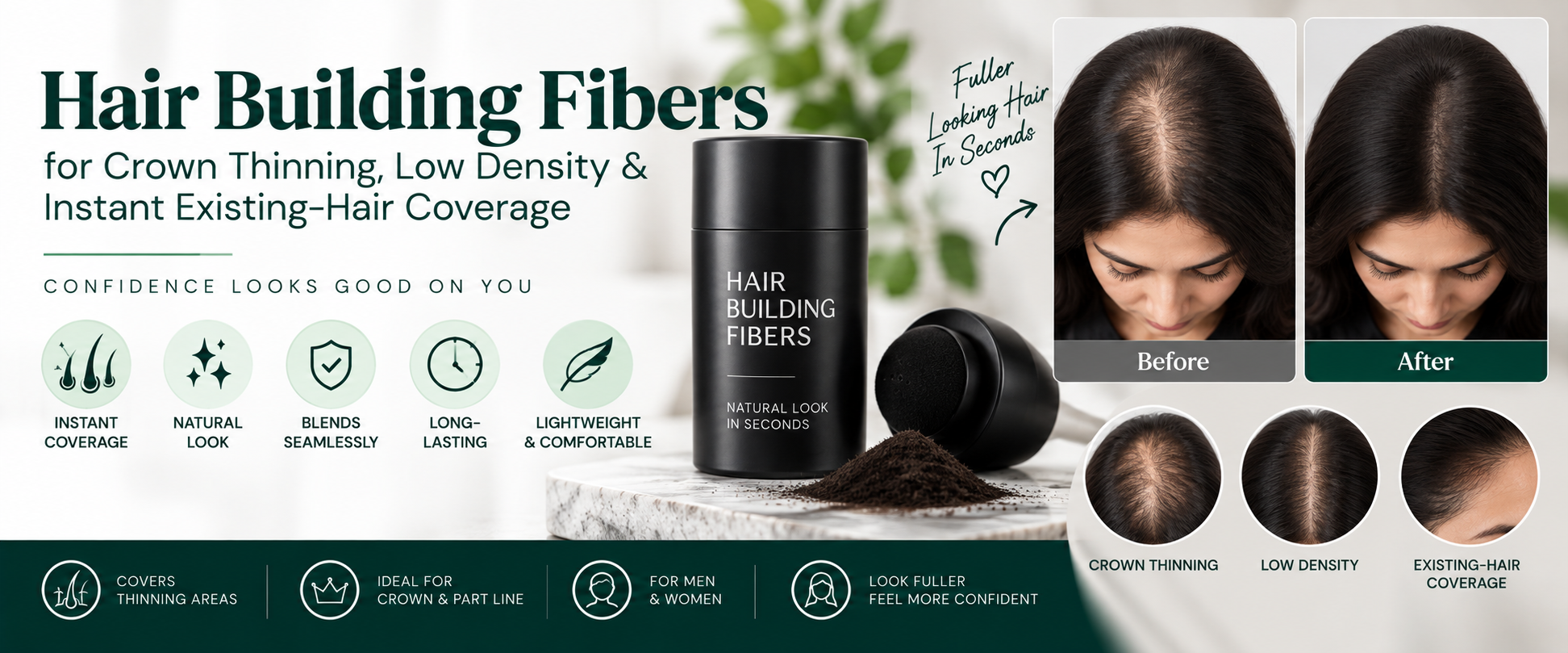 Hair building fibers for crown thinning and low-density hair coverage