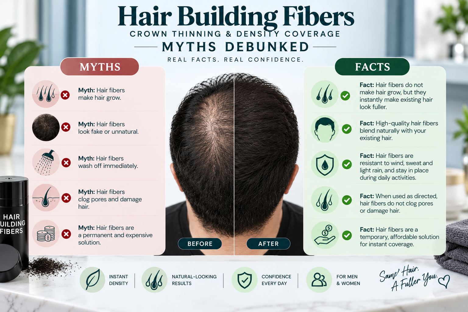 Hair building fibers crown thinning and density coverage myths debunked for Hairsncares.