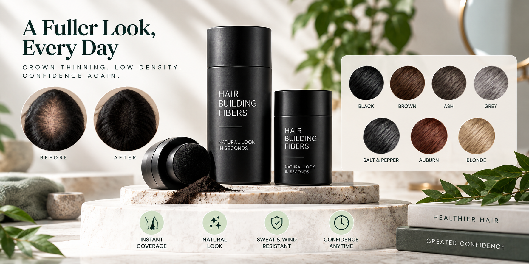 Hair Building Fibers product range for crown thinning, low density, and temporary existing-hair coverage.