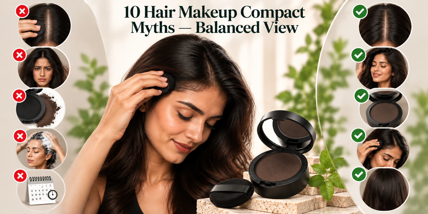 10 Hair Makeup Compact Myths — Balanced View 10 Hair Makeup Compact myths and facts covering scalp coverage, parting, hairline, application, and temporary cosmetic use.