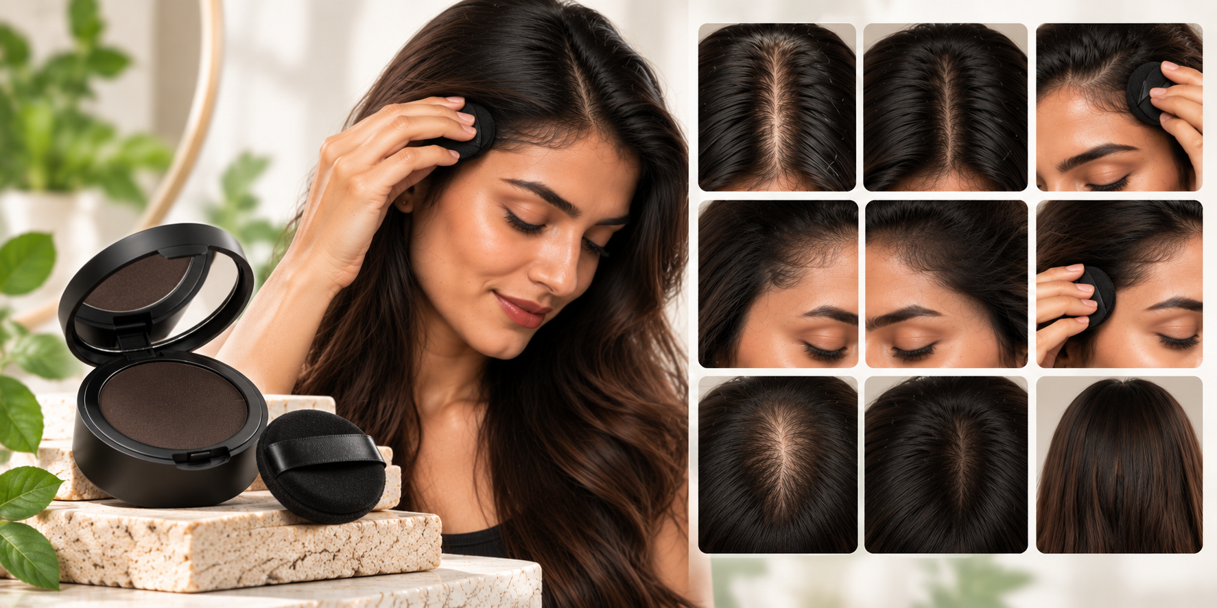 Hair makeup compact for targeted coverage of parting, hairline, temples, and visible scalp.