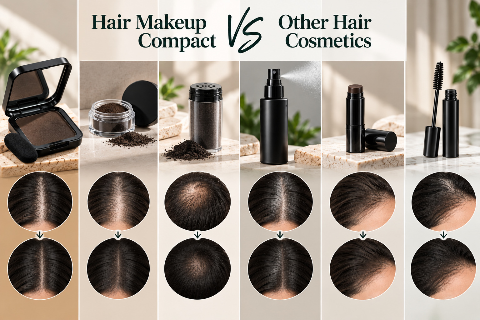 Hair Makeup Compact vs Other Hair Cosmetics Hair makeup compact vs other hair cosmetics for scalp coverage, thinning areas, grey roots, and hairline touch-ups.