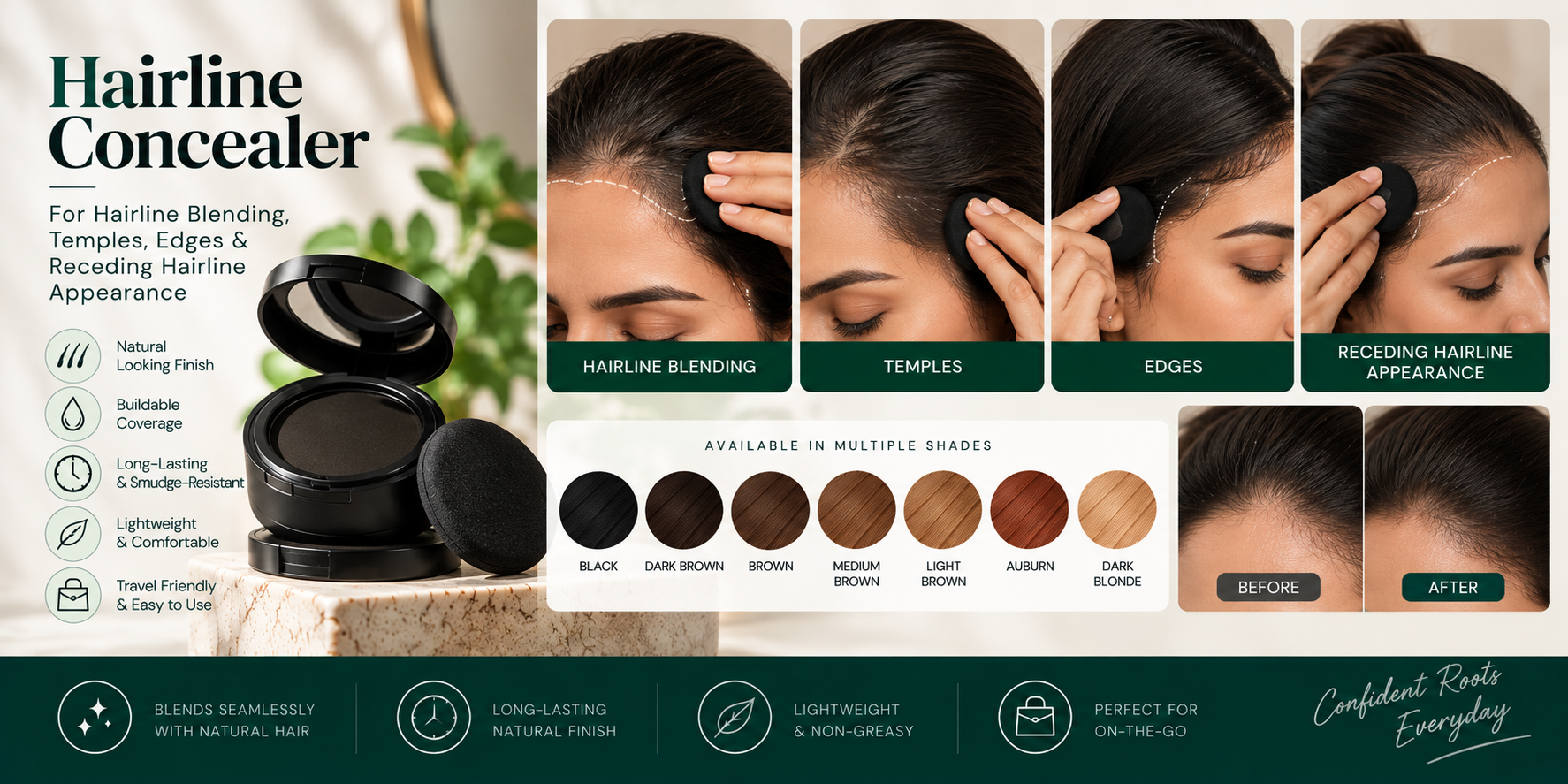 Hairline concealer for hairline blending, temples, edges, and receding hairline appearance with buildable coverage.