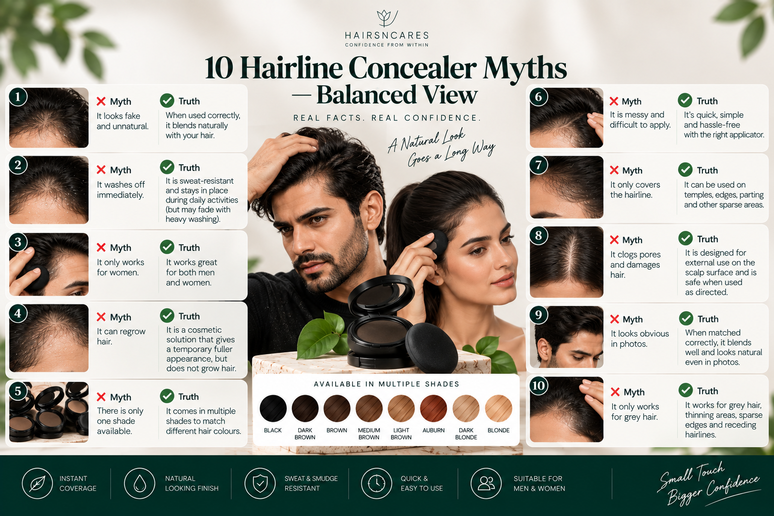 10 Hairline Concealer Myths — Balanced View 10 Hairline Concealer myths and facts covering hairline blending, temples, edges, shade matching, application, and coverage.