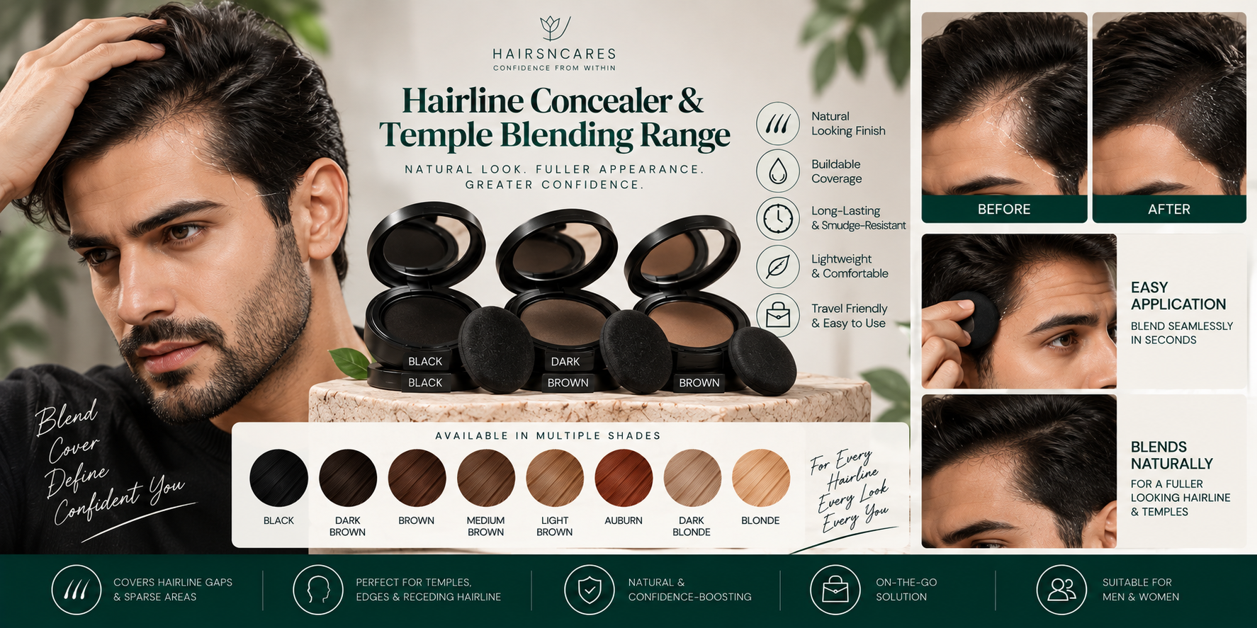 Hairline Concealer & Temple Blending Range Hairline Concealer and Temple Blending Range featuring a male model, multiple shades, and coverage for hairline gaps and temples.