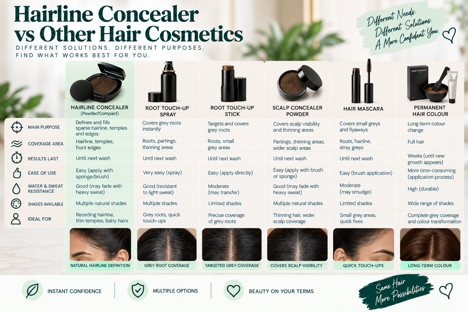 Hairline Concealer vs Other Hair Cosmetics Hairline concealer vs other hair cosmetics for hairline, temple, edge, and scalp coverage.