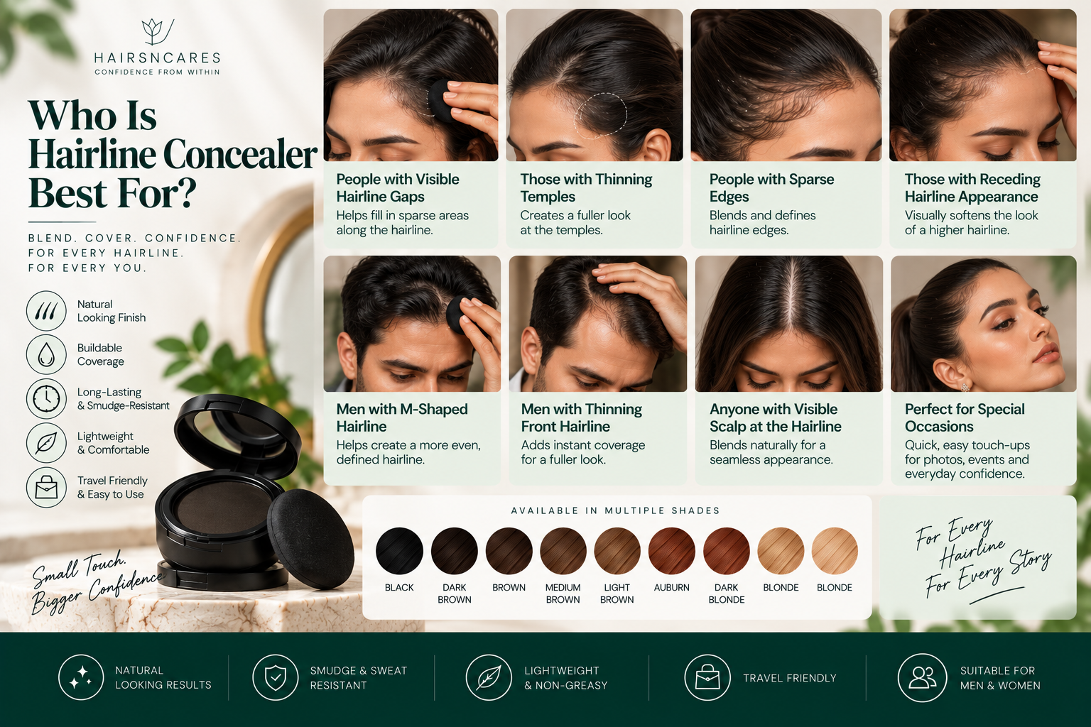 Who Is Hairline Concealer Best For? Hairline concealer suitability guide for visible hairline gaps, thinning temples, sparse edges, and receding hairline appearance in men and women.