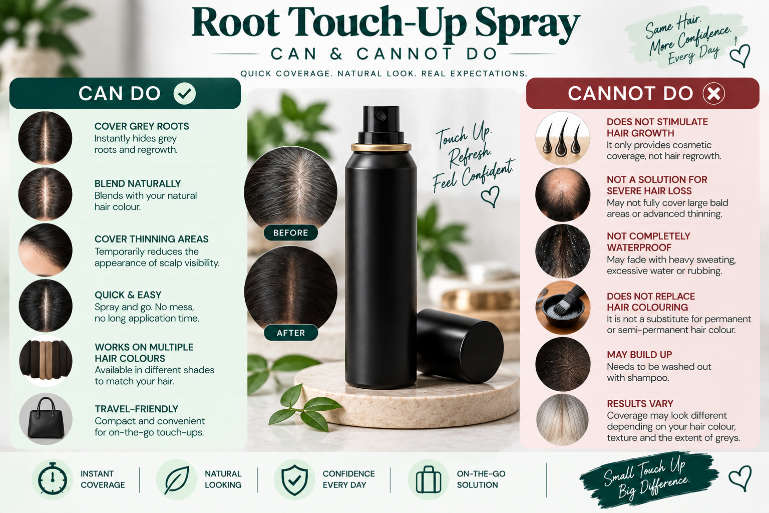Root touch-up spray can and cannot do for grey roots, thinning areas, and scalp coverage.