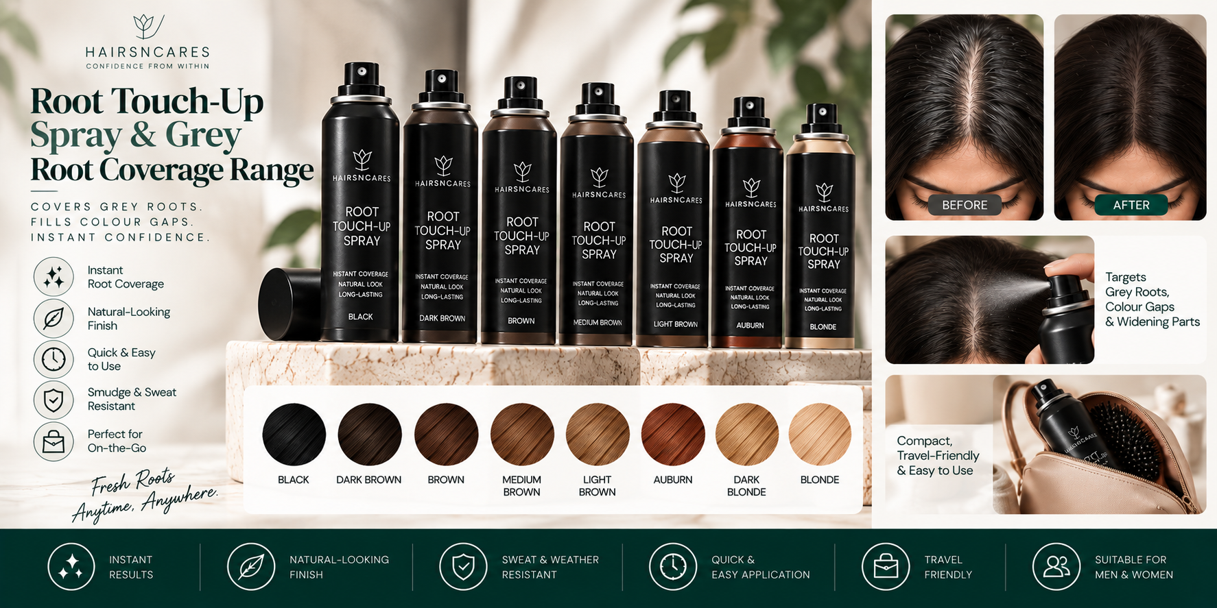 Root Touch-Up Spray and grey root coverage range for grey roots, colour gaps, widening parts, and temporary root concealment.