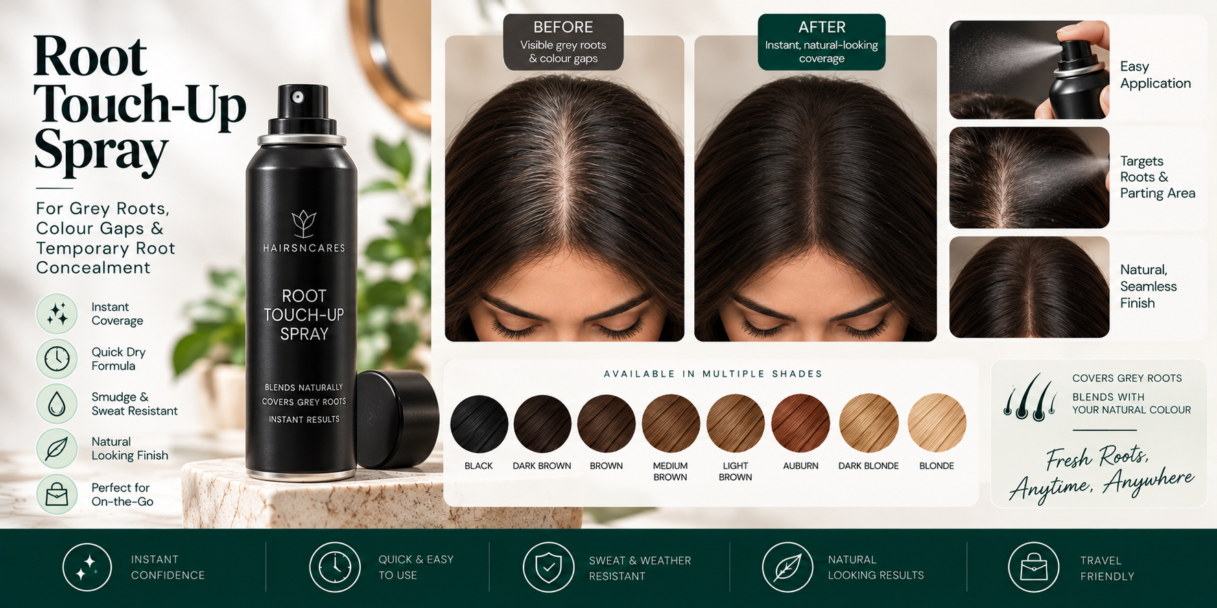 Root touch-up spray for grey roots, colour gaps, and temporary root concealment with multiple hair colour shades.