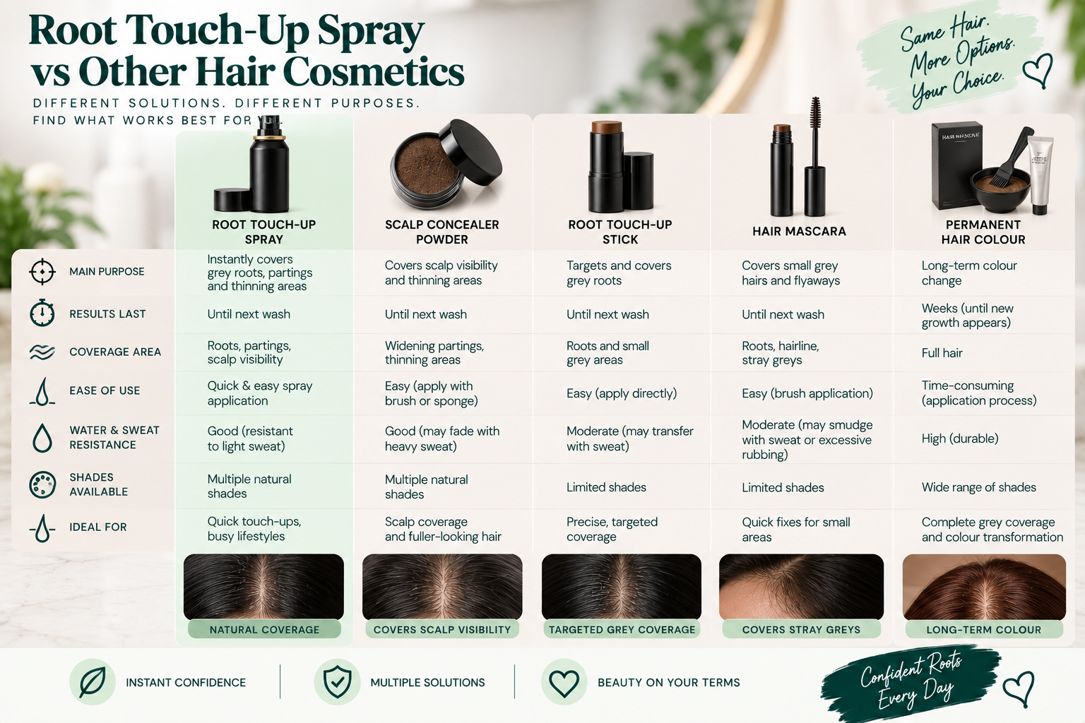 Root touch-up spray vs other hair cosmetics for grey roots, thinning areas, and temporary hair coverage.