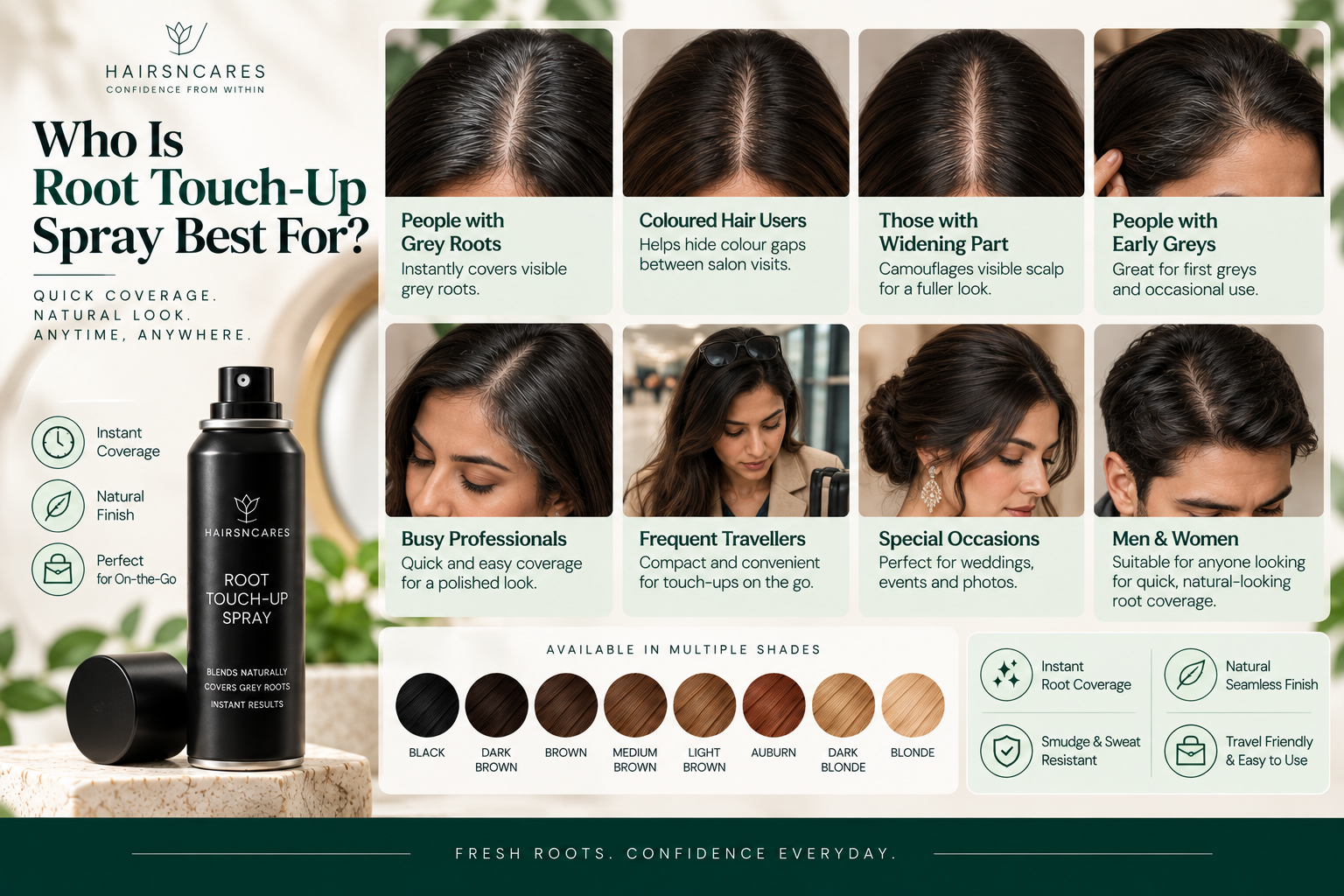 Root Touch-Up Spray suitability guide for grey roots, colour gaps, widening parts, early greys, and quick root coverage.
