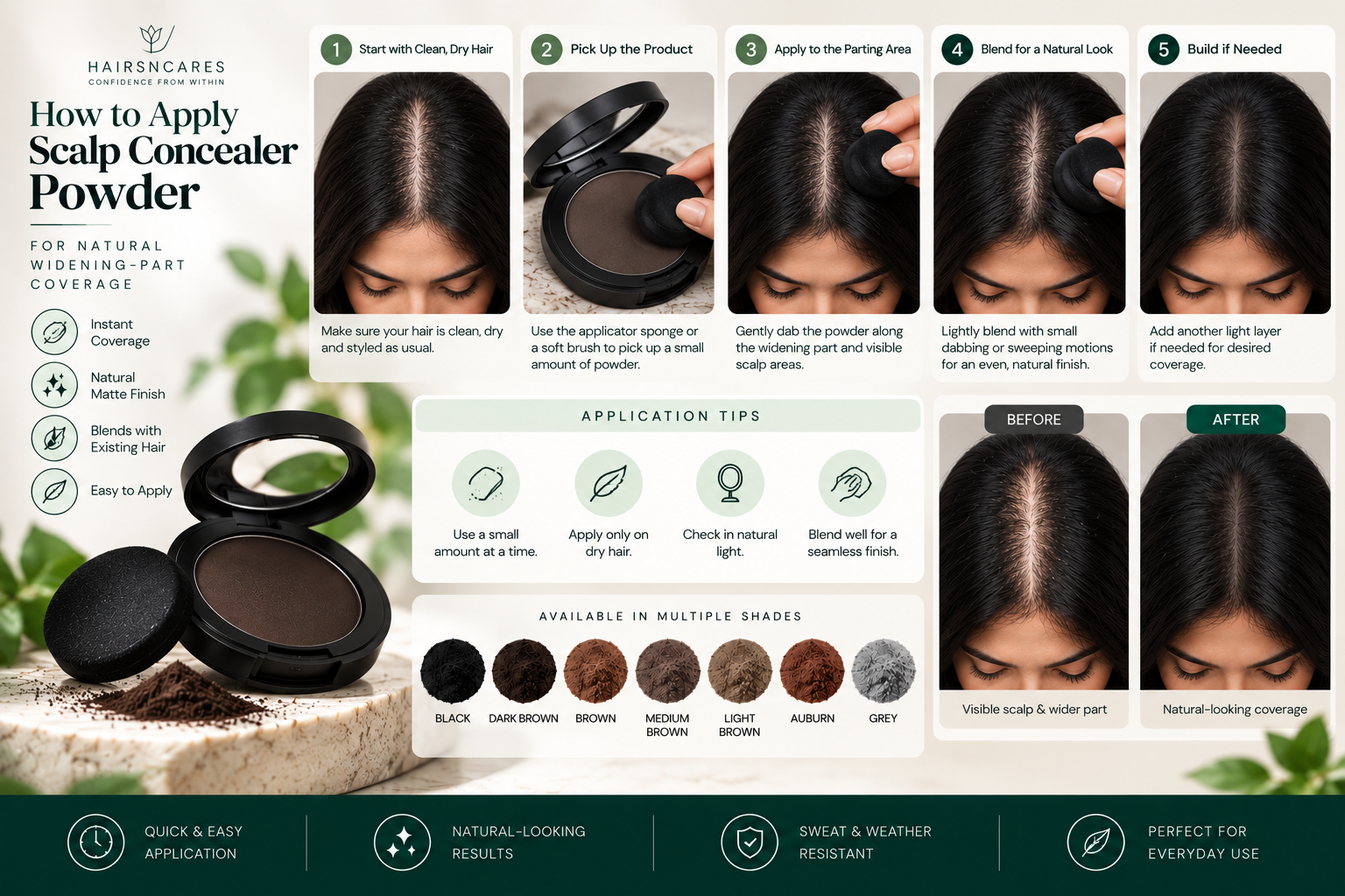 How to Apply Scalp Concealer Powder — Widening-Part Coverage How to apply scalp concealer powder for natural widening-part coverage, shown step by step.