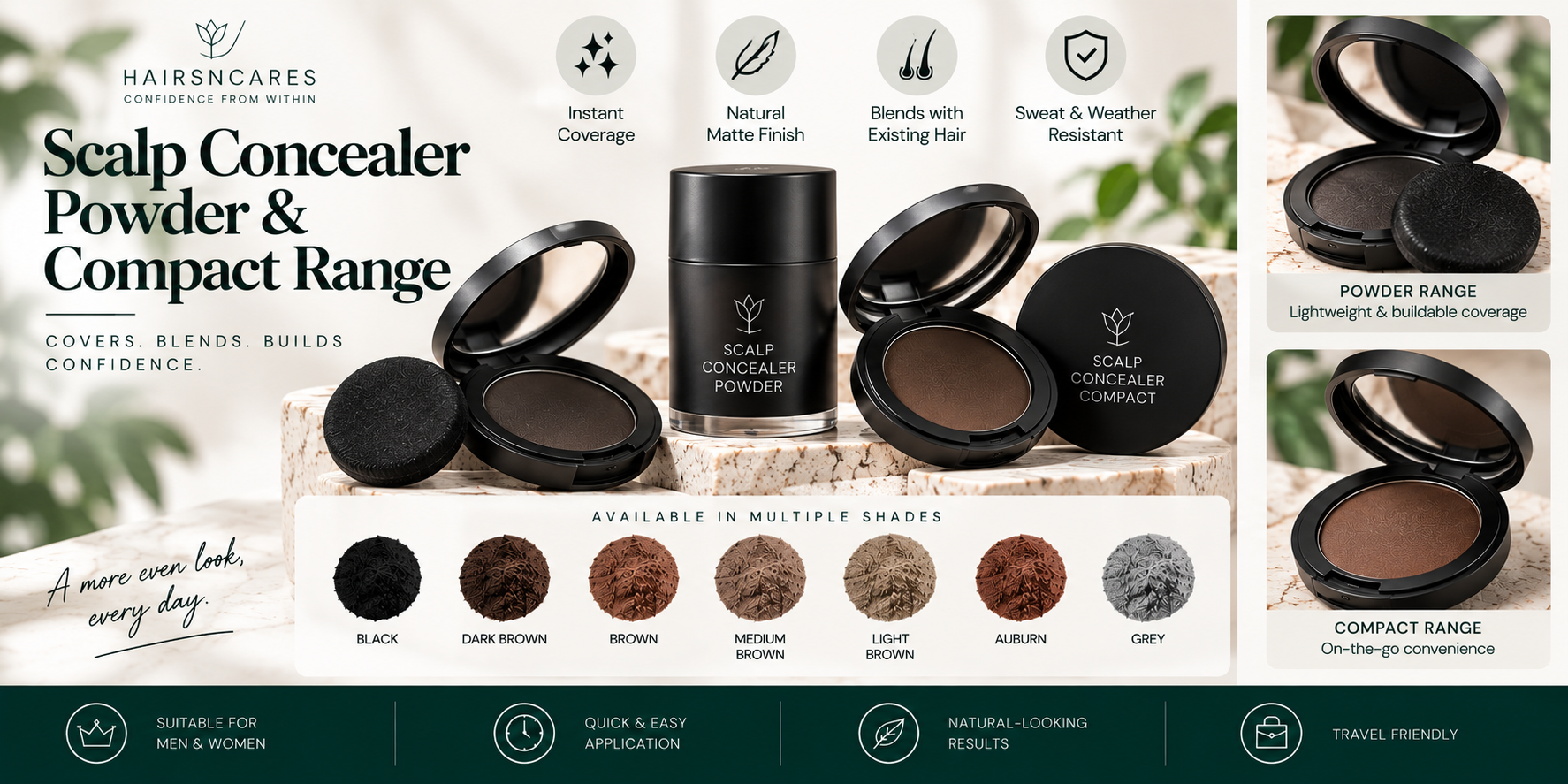 Scalp Concealer Powder & Compact Range Scalp concealer powder and compact range for scalp visibility, widening partings, and thinning areas.