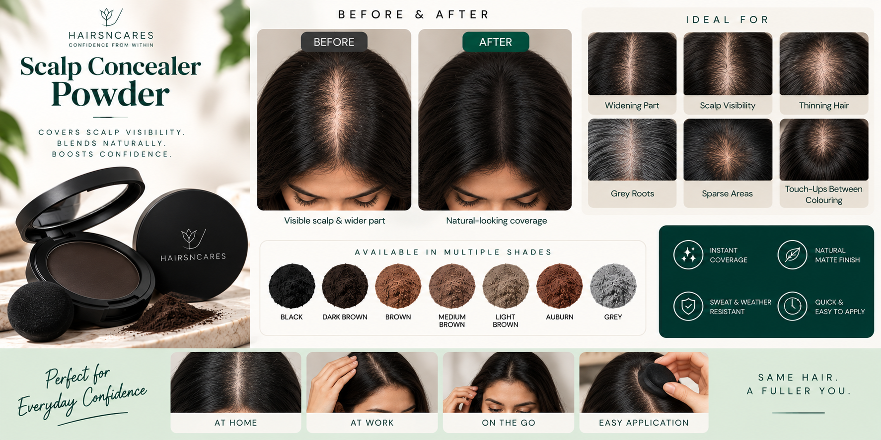 Scalp Concealer Powder — Scalp Visibility & Parting Coverage Guide Scalp Concealer Powder suitability guide for widening parts, visible scalp, thinning hair, sparse areas, and root touch-ups.