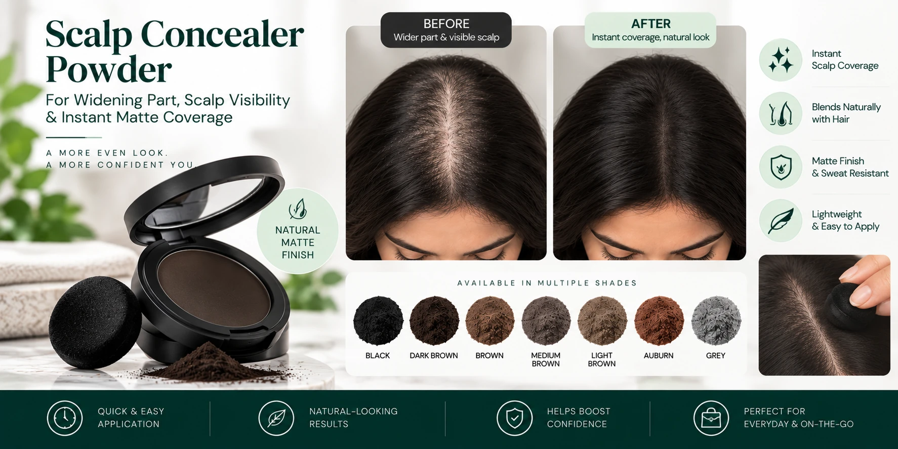 Scalp concealer powder for widening part and visible scalp, shown with instant matte coverage and multiple shades.