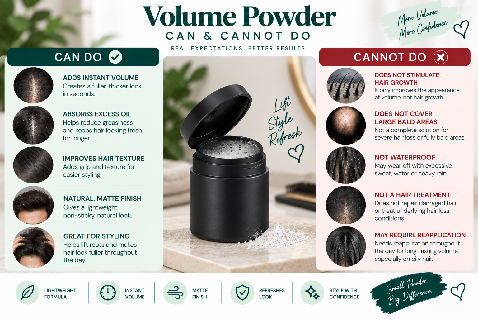 Volume powder can and cannot do for instant hair volume, oil control, styling, and hair appearance.