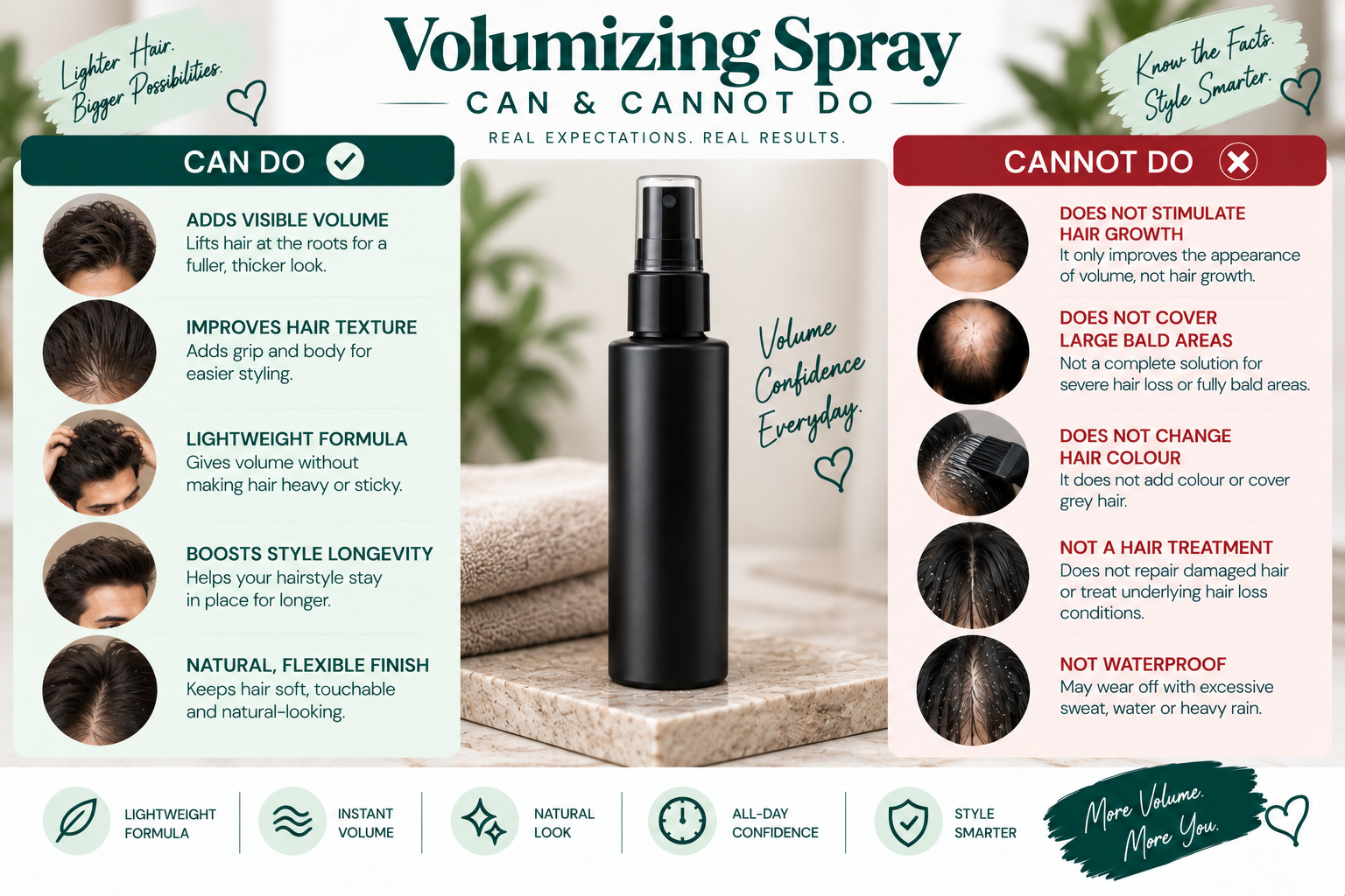 Volumizing Spray — Can & Cannot Do Volumizing spray can and cannot do for hair volume, texture, styling, and hair appearance.