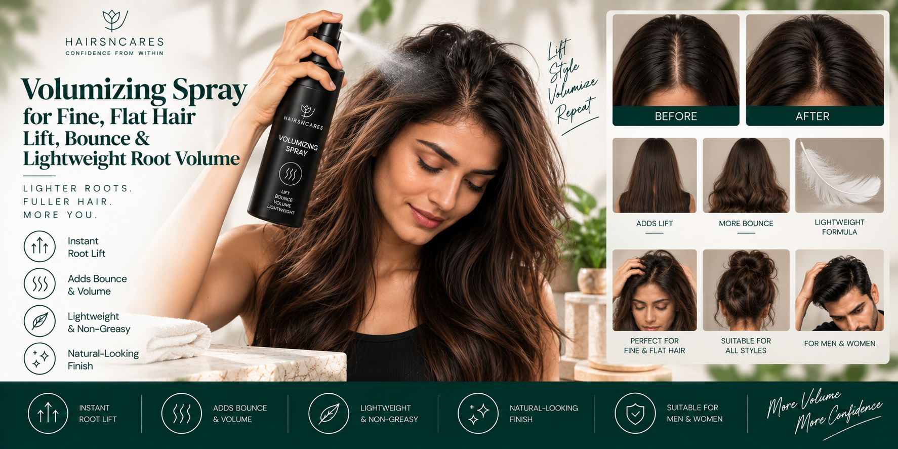 Volumizing Spray for fine, flat hair with lightweight root lift, bounce, texture, and fuller-looking volume.