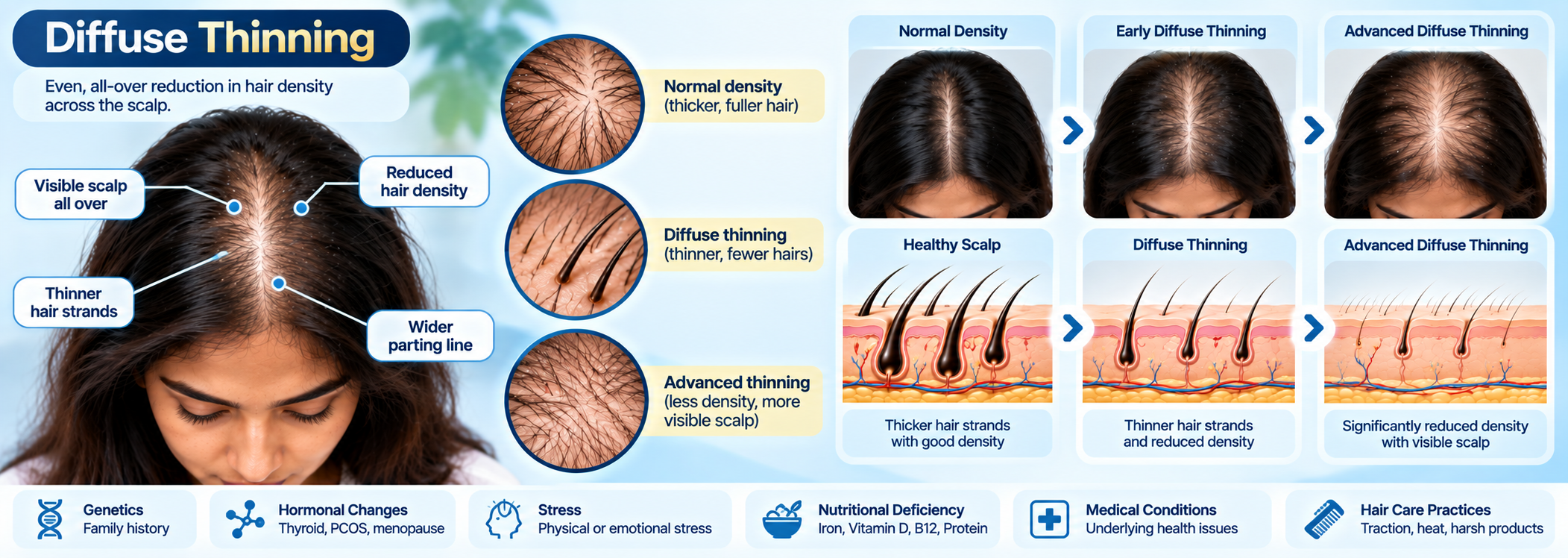 AI Hair Test visual showing diffuse hair thinning, visible scalp, reduced hair density and miniaturized hair.