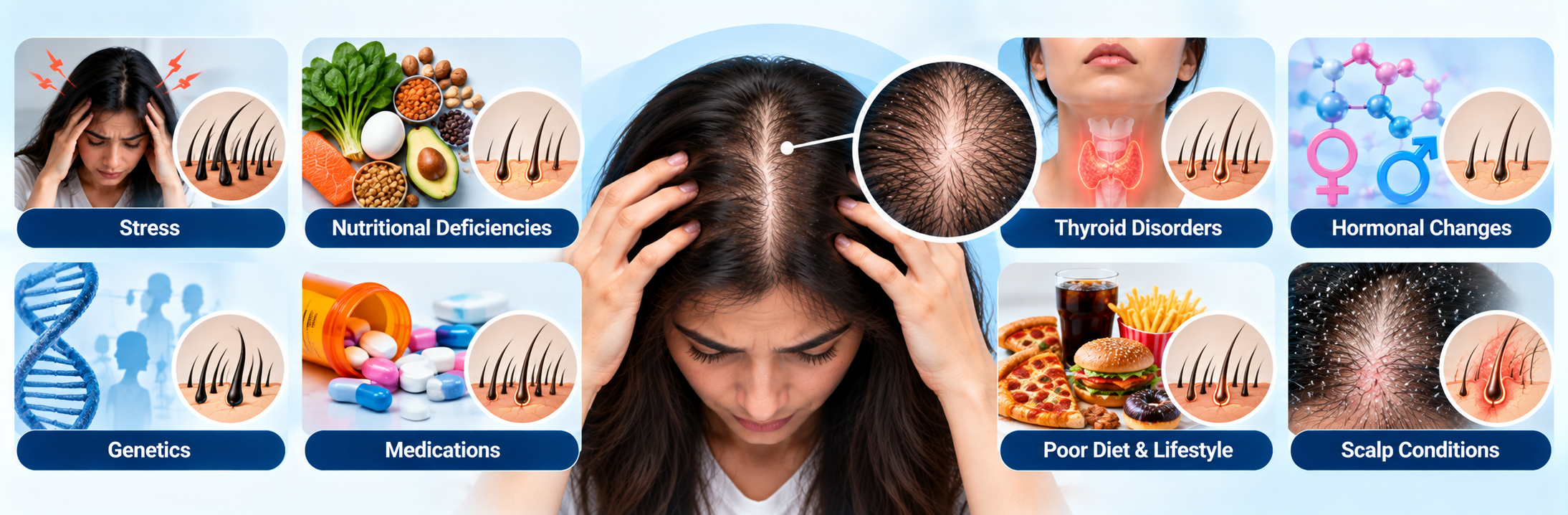 Causes of diffuse thinning including stress, nutritional deficiency, thyroid disorders, medications and diet