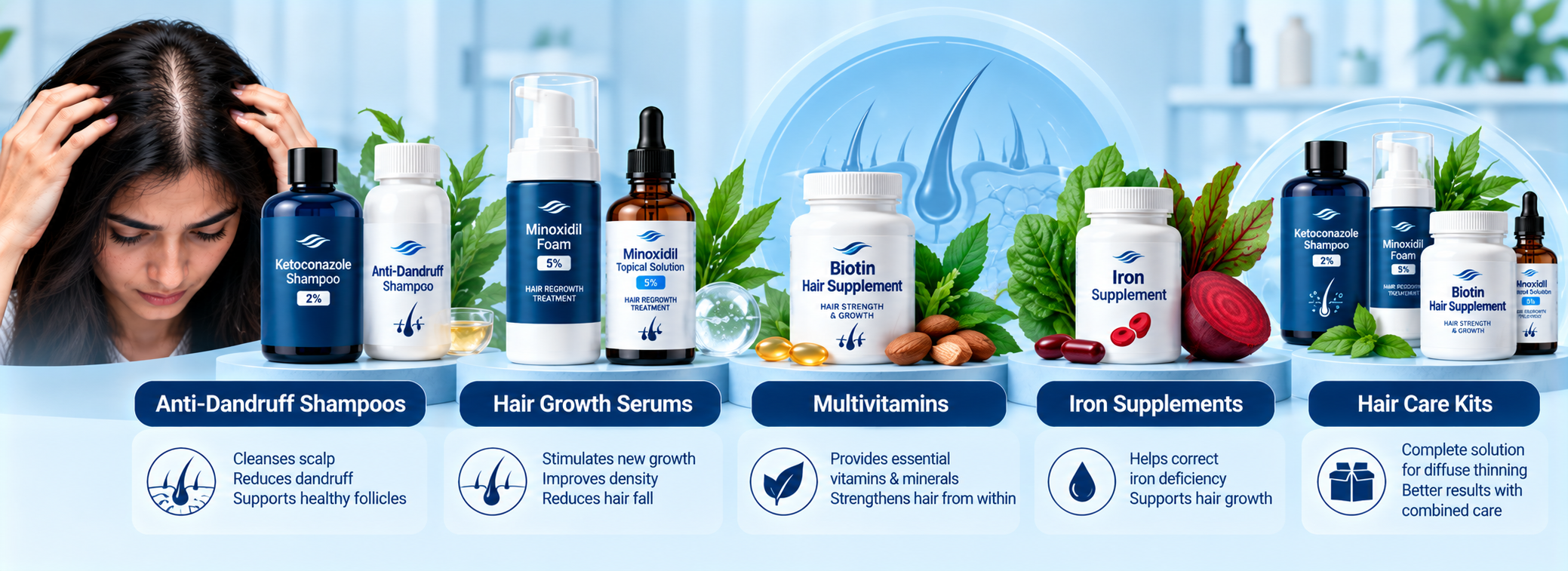 Diffuse thinning support categories including shampoos, hair growth serums, multivitamins, iron supplements and hair care kits