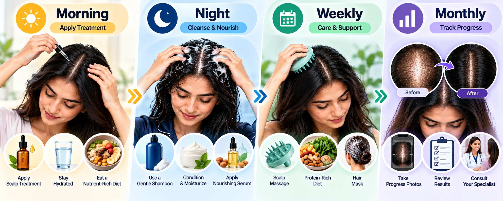 Diffuse hair thinning routine showing morning, night, weekly and monthly haircare steps.