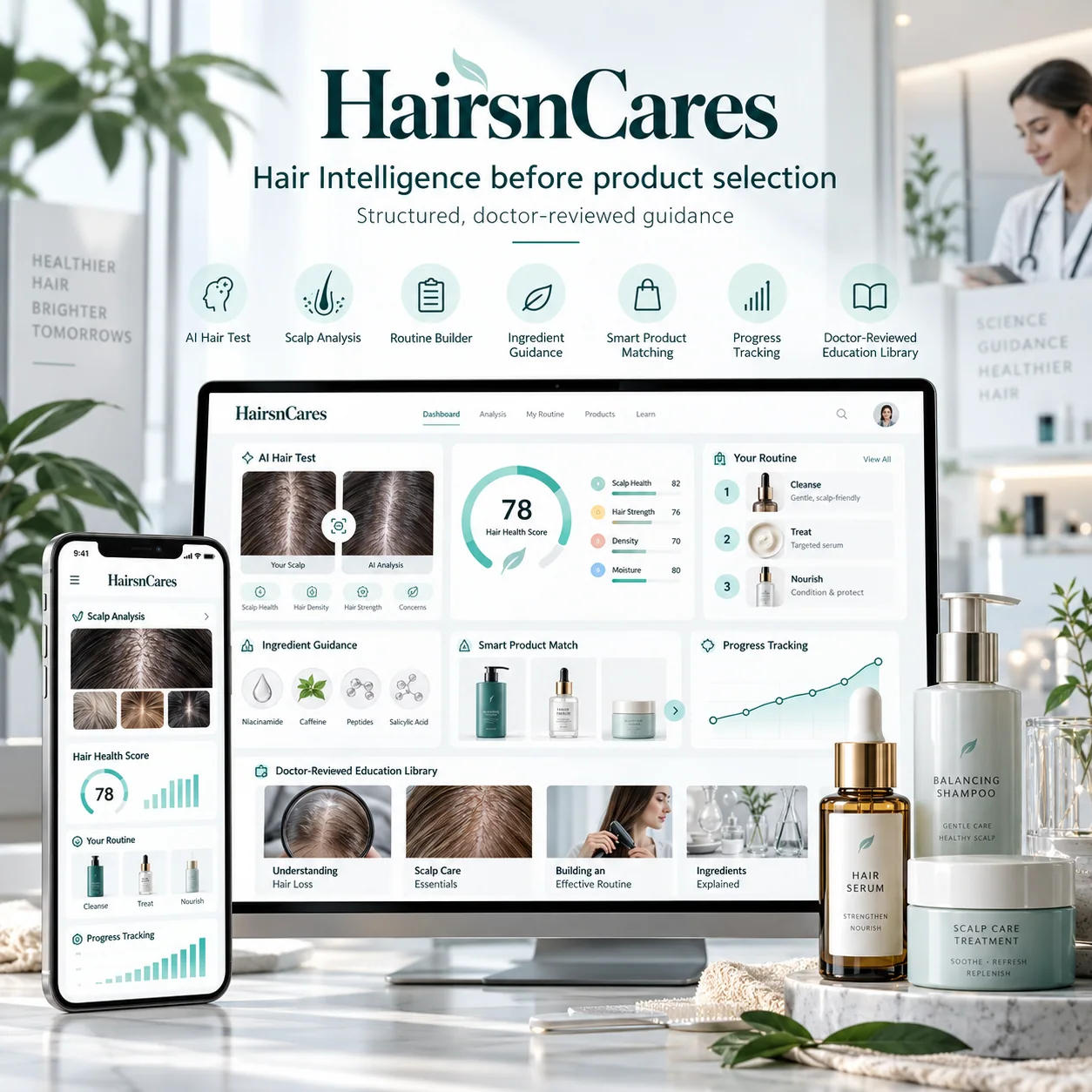 The HairsnCares Hair Intelligence platform on desktop and mobile