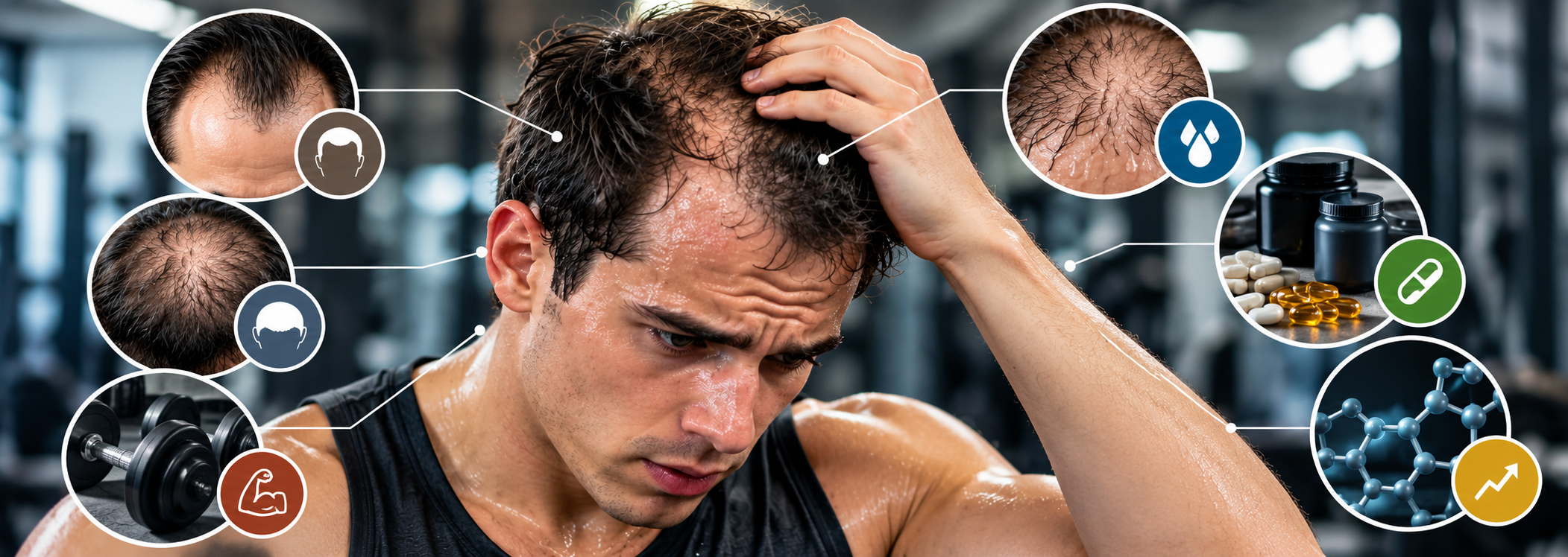 Gym hair loss diagram showing pattern hair thinning, sweat, workout and supplement concerns.