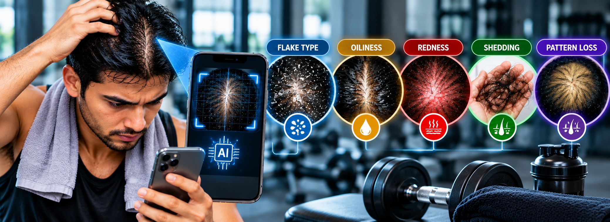 Using the AI gym hair loss checker to assess flake type, oiliness, redness, shedding and pattern loss