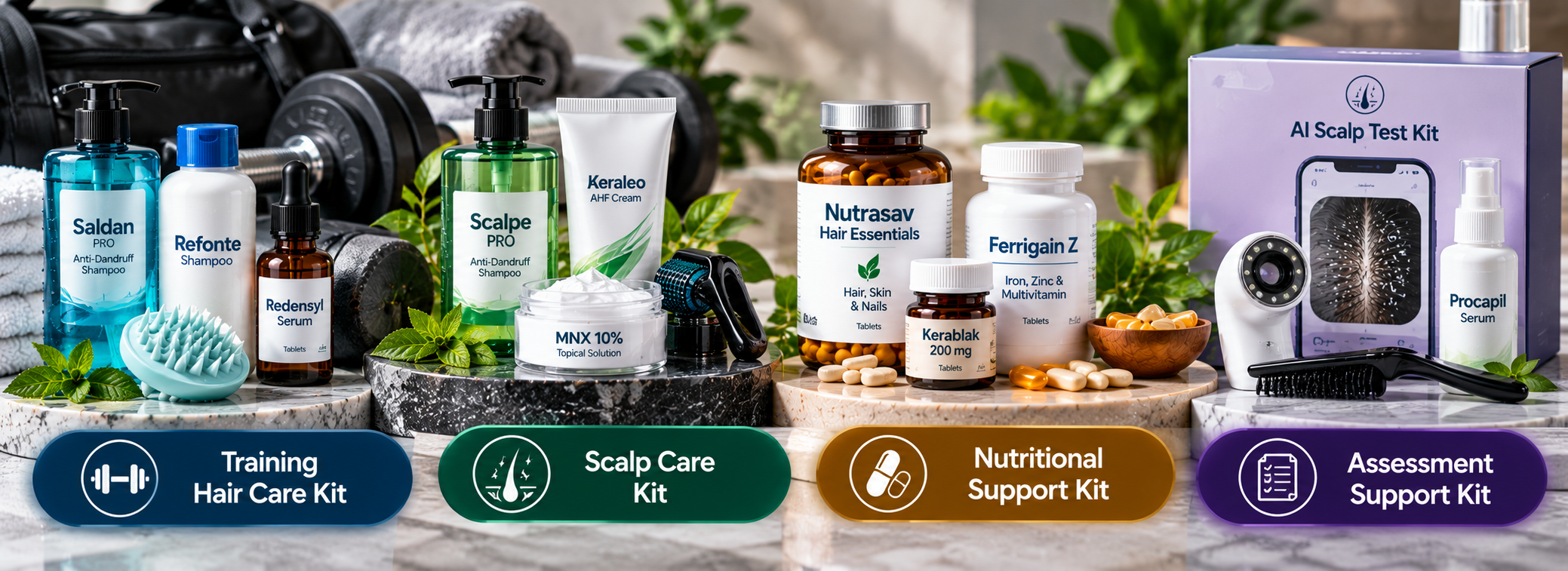 Active hair support kits for training, scalp care, nutritional support and hair assessment