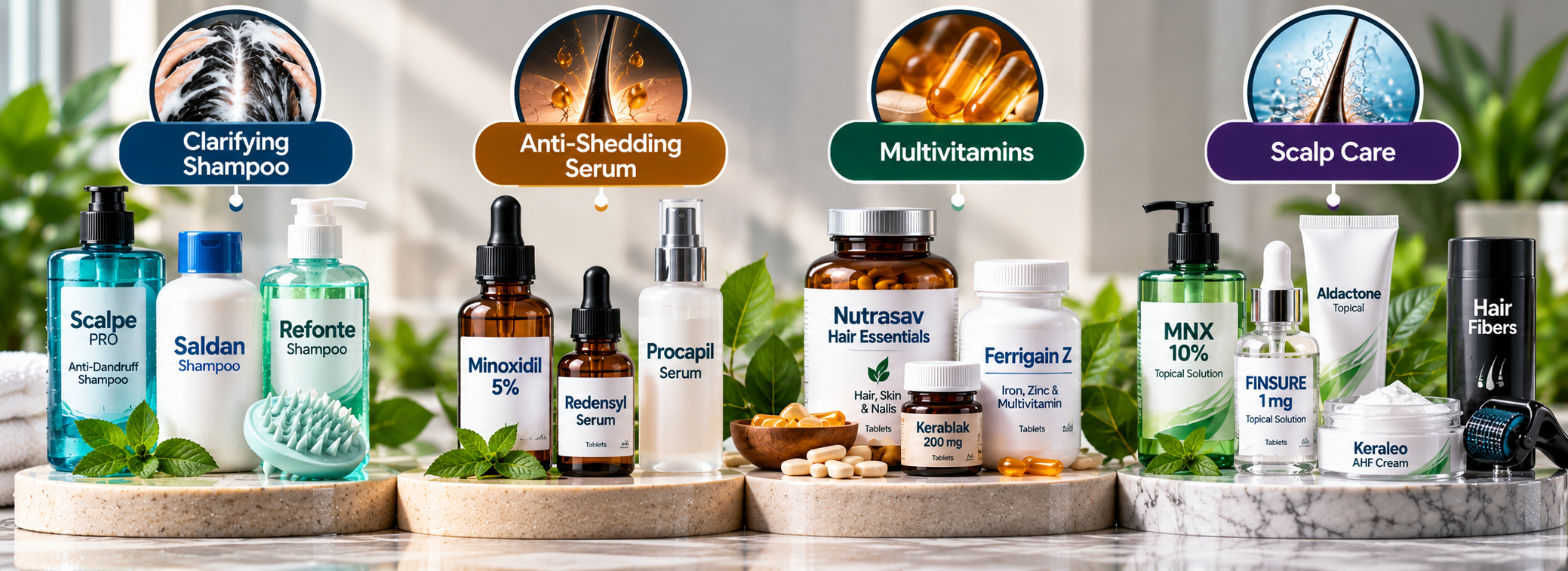 Active hair care categories with labeled clarifying shampoos, anti-shedding serums, multivitamins and scalp care products