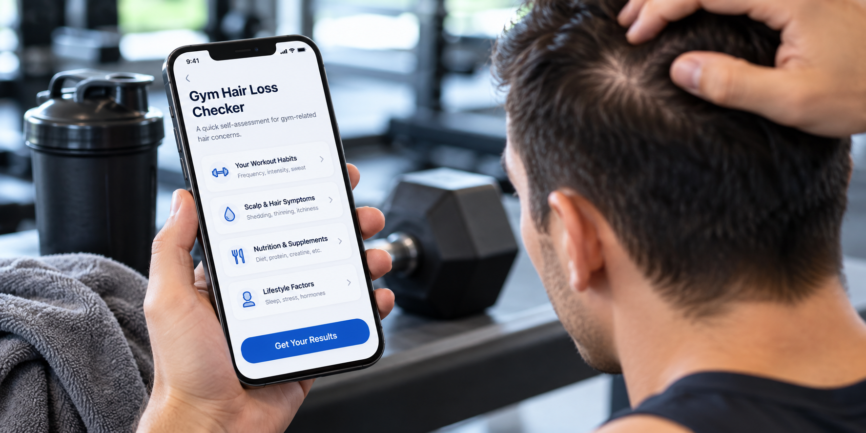 Gym hair concern self-assessment on a smartphone